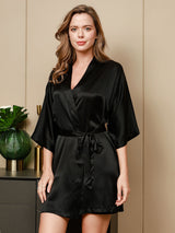 [أسود] SilkSilky-SA أكمام بثلاثة أرباع الأطوال رقبة على شكل حرف V رداء الحمام وقميص النوم 003