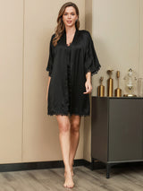 [أسود] SilkSilky-SA 3/4 Sleeve V Neck رداء الحمام وقميص النوم 005