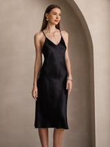 [أسود] SilkSilky-SA Sleeveless V Neck فساتين نسائية 004
