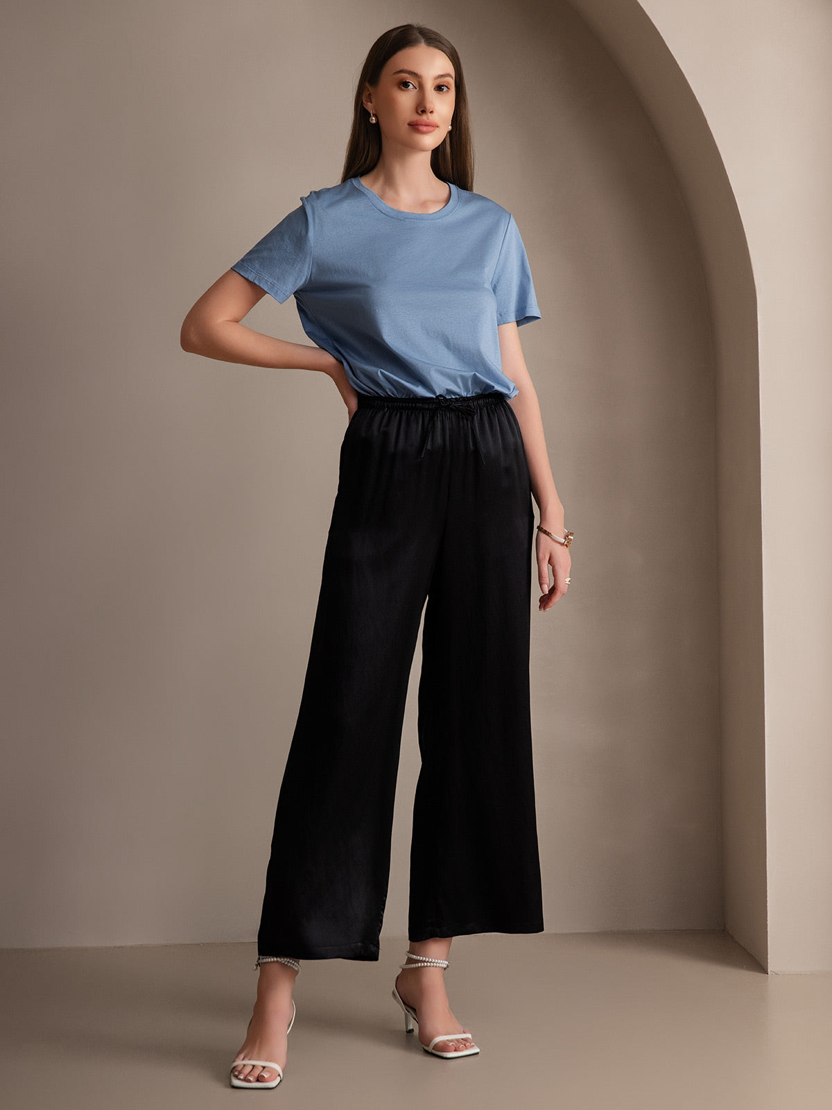 [أسود] SilkSilky-SA Pure Silk Womens Pants 003
