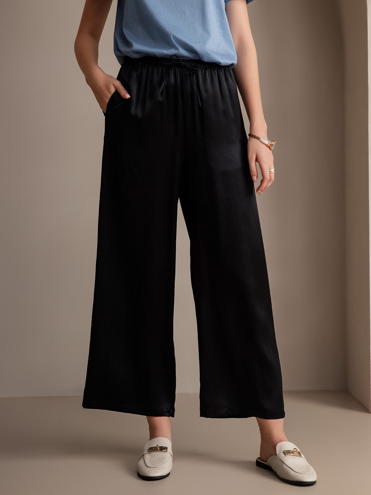 [أسود] SilkSilky-SA Pure Silk Womens Pants 001