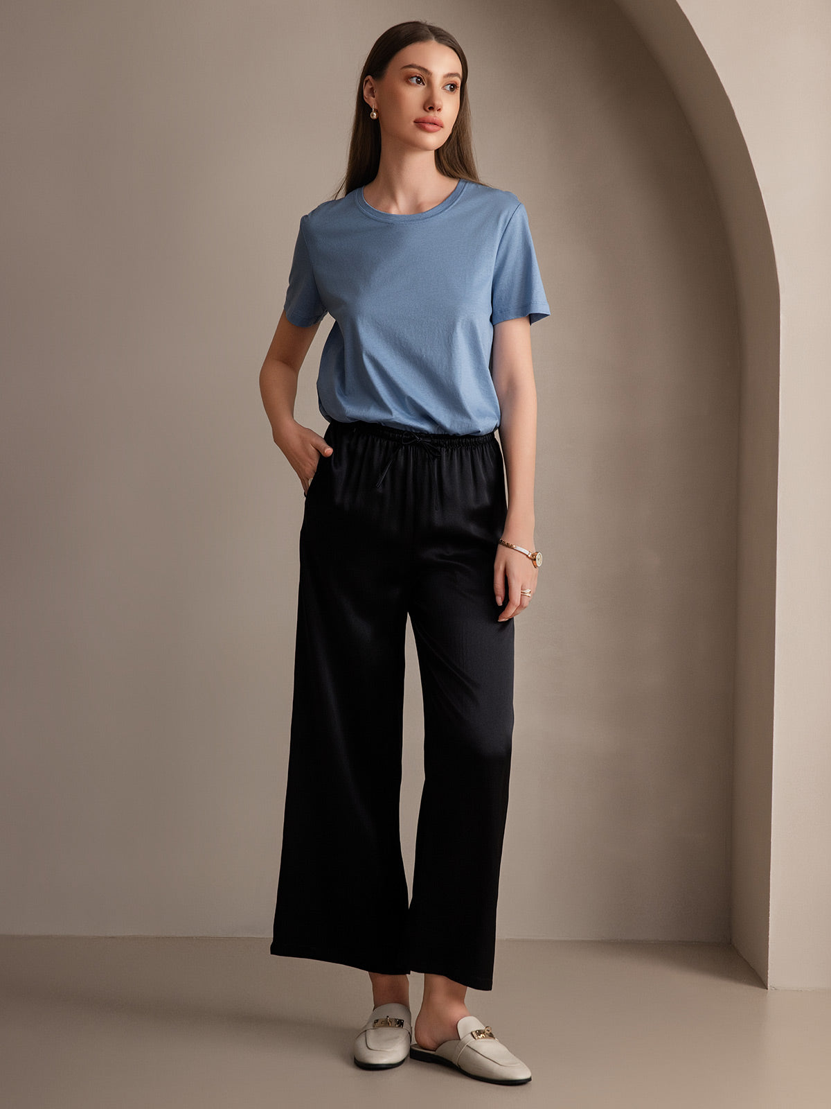 [أسود] SilkSilky-SA Pure Silk Womens Pants 006