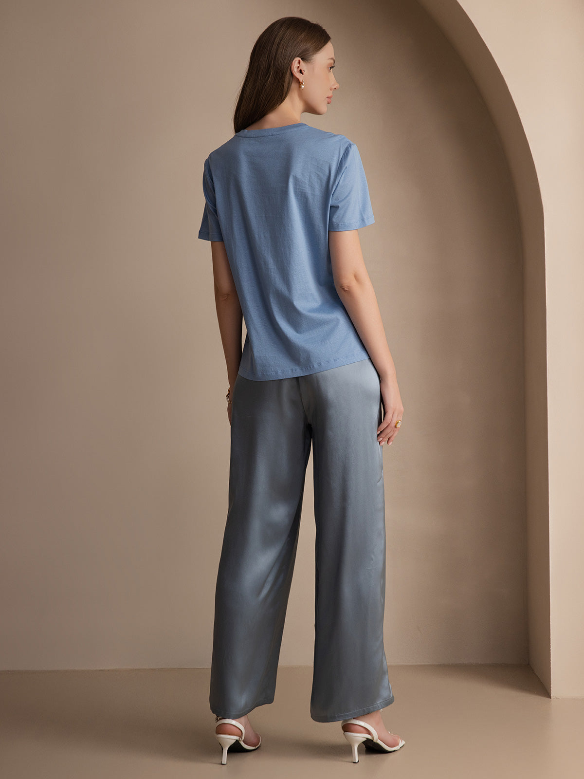 [أزرق] SilkSilky-SA محبوك الحرير رقبة مستديرة تي شيرت نسائية 002,