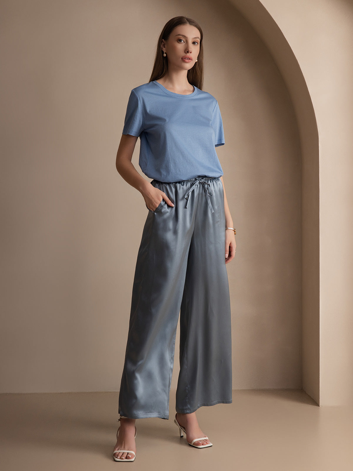 [أزرق] SilkSilky-SA محبوك الحرير رقبة مستديرة تي شيرت نسائية 006,