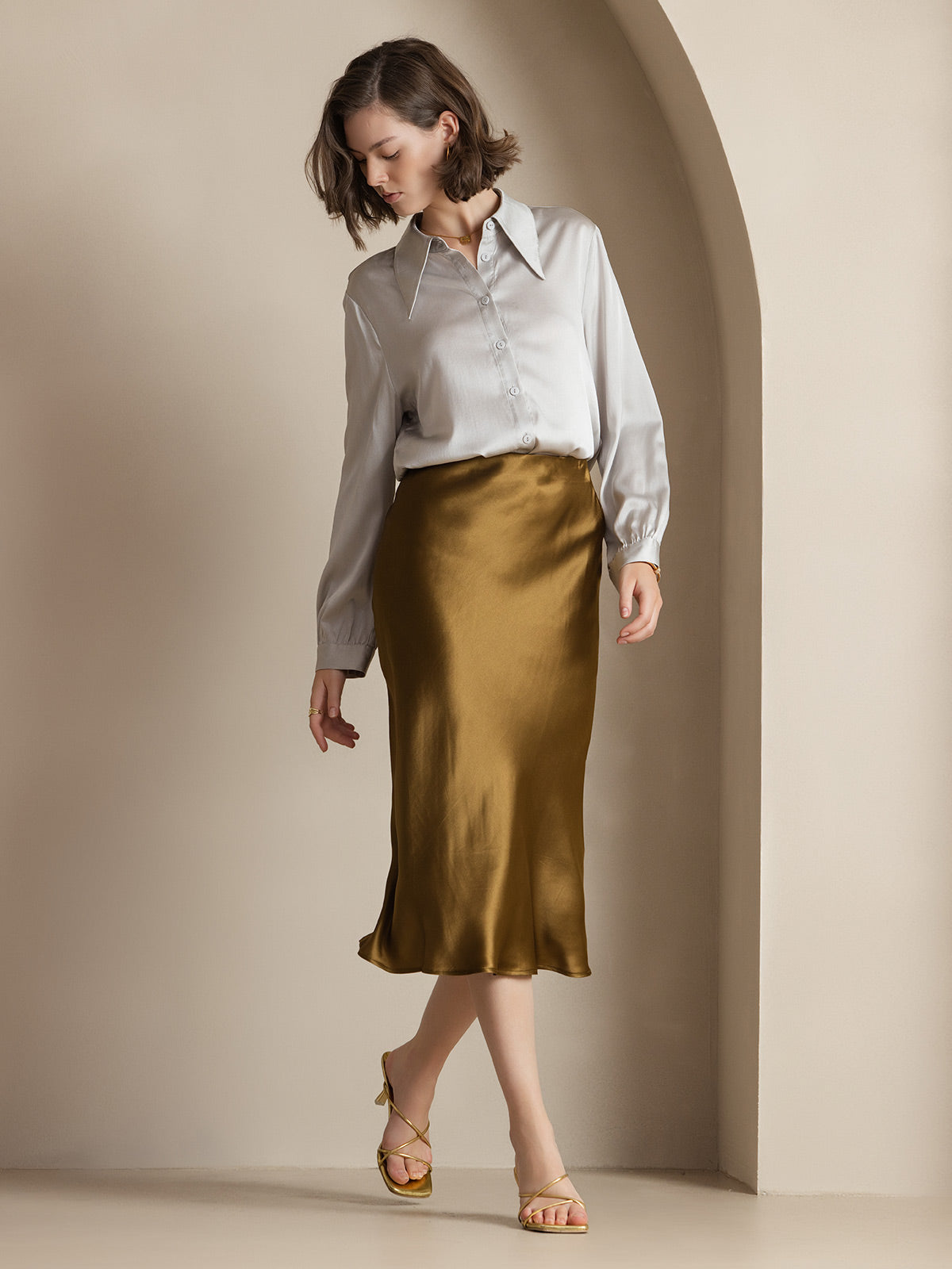 [بني] SilkSilky-SA 19Momme الحرير الخالص Skirt 001