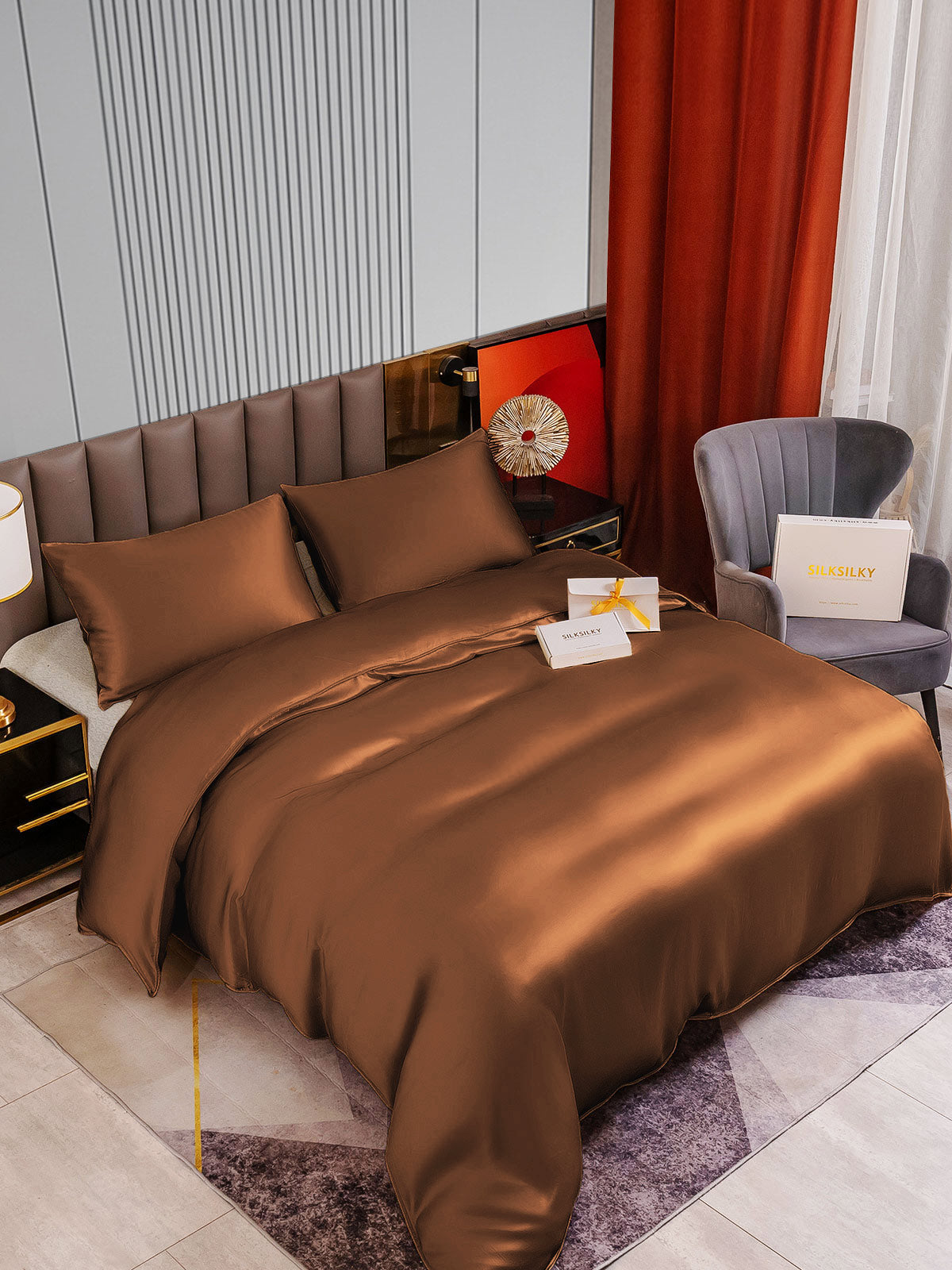 [قهوة] SilkSilky-SA 22Momme الحرير الخالص Bedding Set 002