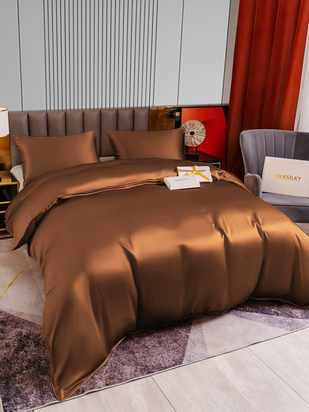 [قهوة] SilkSilky-SA 22Momme الحرير الخالص Bedding Set 003