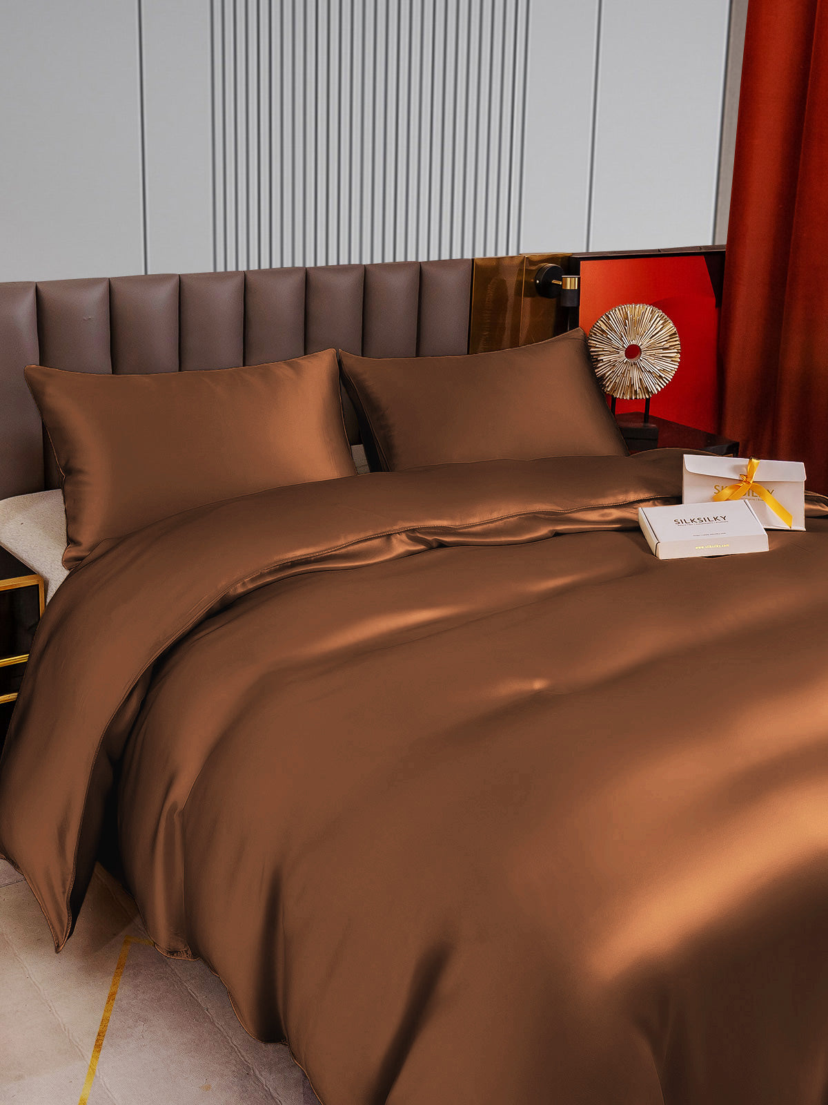 [قهوة] SilkSilky-SA 22Momme الحرير الخالص Bedding Set 004