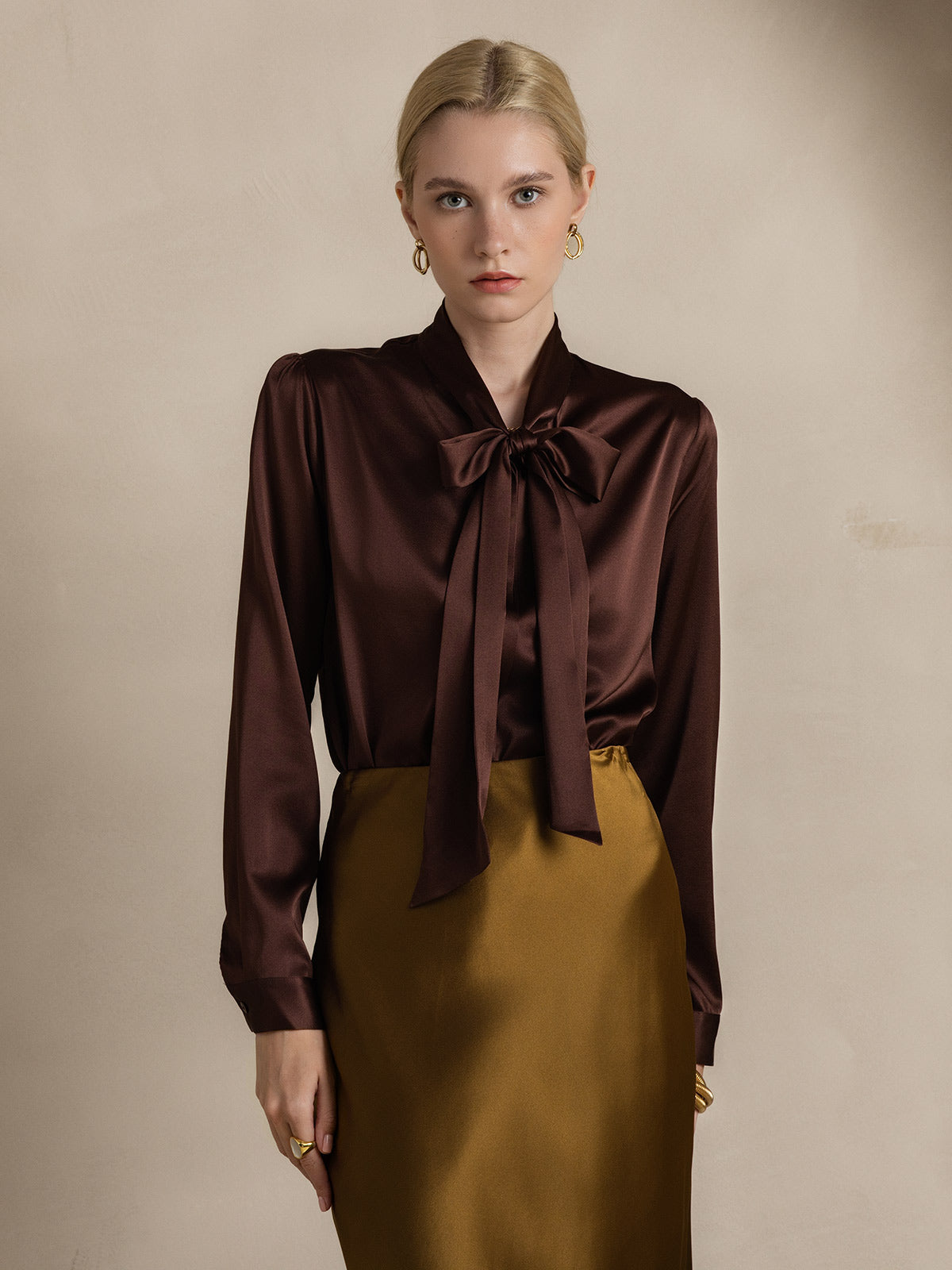 [قهوة] SilkSilky-SA 19Momme الحرير الأكمام الطويلة Blouse 003