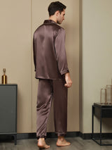 [قهوة] SilkSilky-SA Long Sleeve Lapel Collar بيجامة رجالية 003