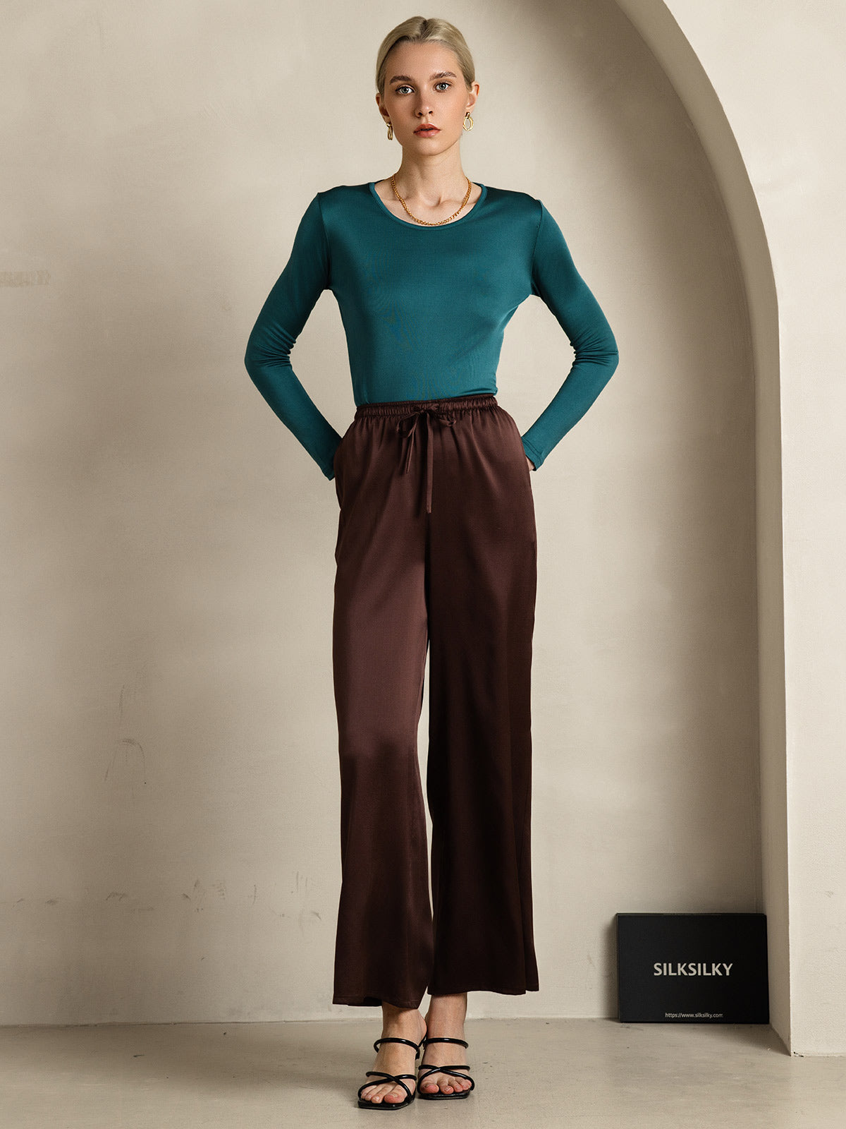 [قهوة] SilkSilky-SA الحرير الخالص Womens Pants 001
