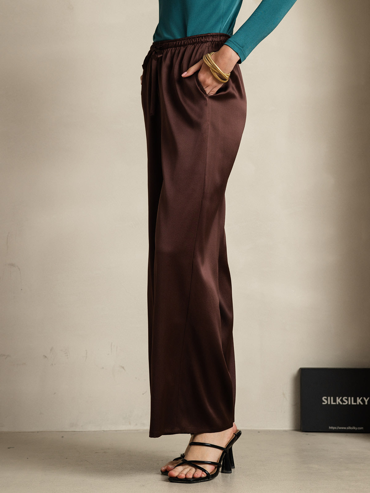 [قهوة] SilkSilky-SA Pure Silk Womens Pants 004