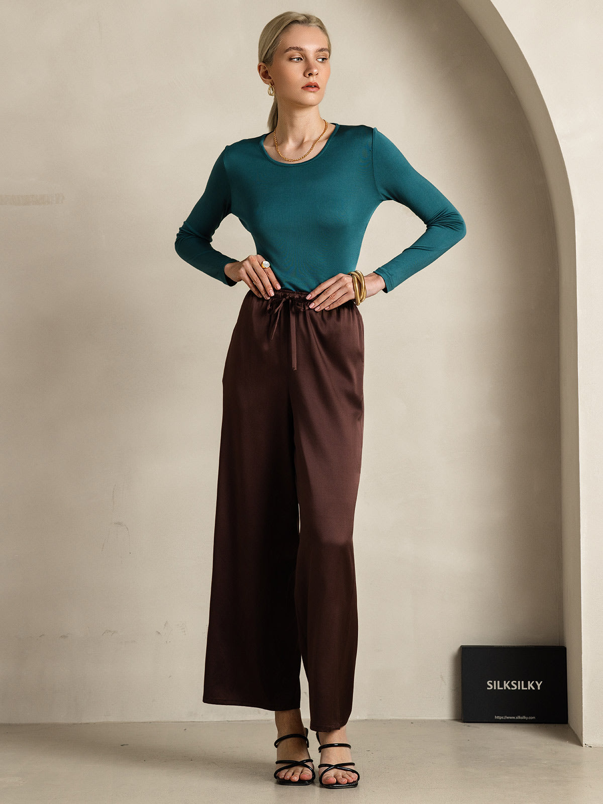 [قهوة] SilkSilky-SA Pure Silk Womens Pants 007