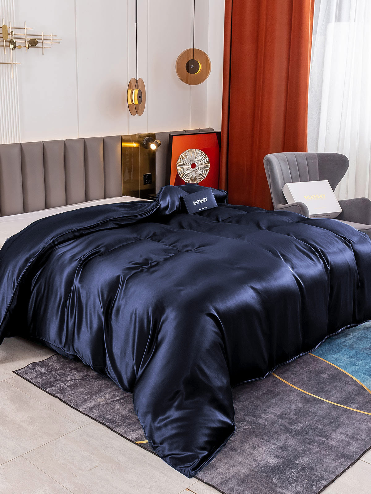 [أزرق غامق] SilkSilky-SA 19Momme الحرير الخالص Duvet Cover 001