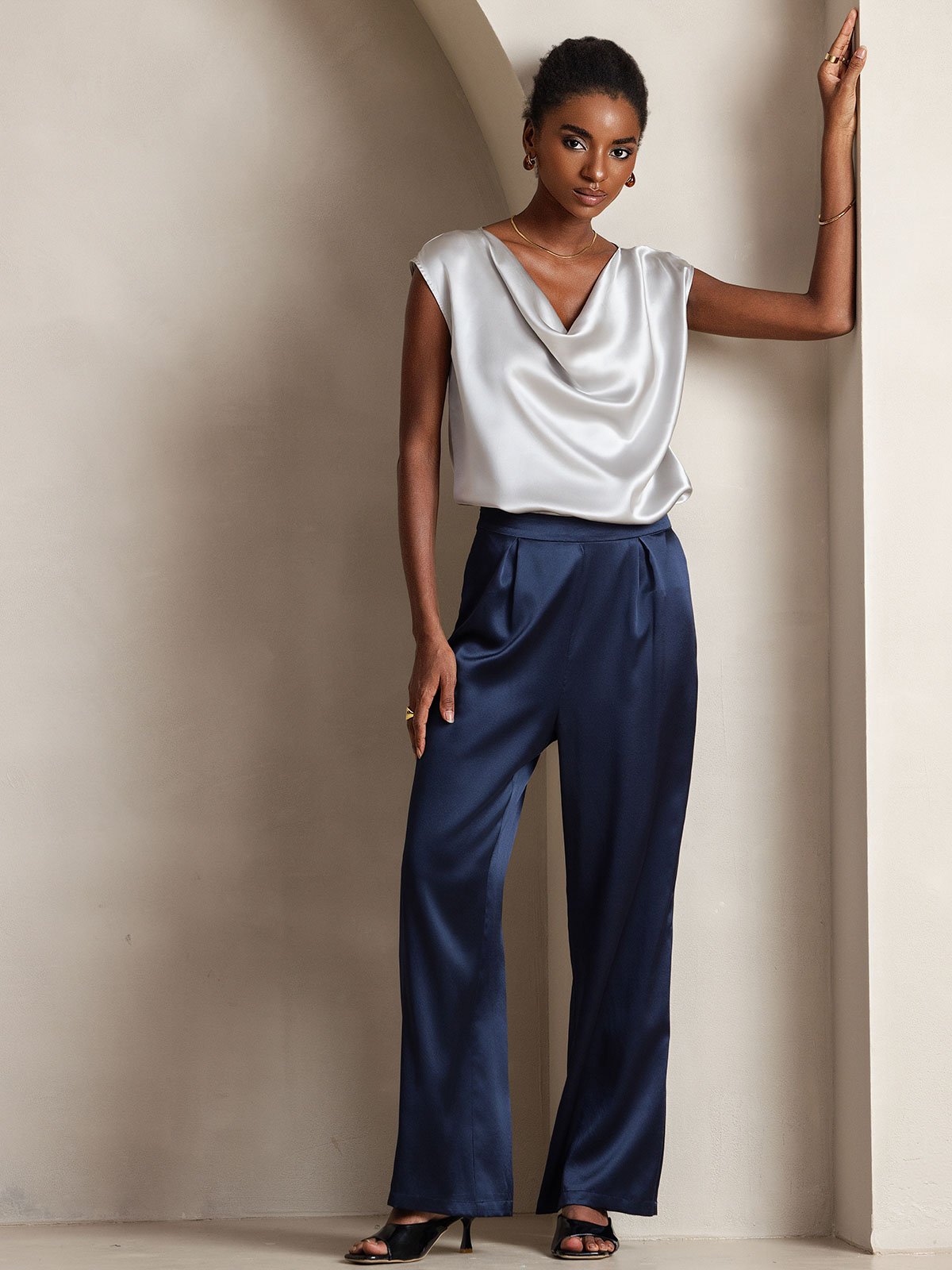 [أزرق غامق] SilkSilky-SA 19Momme الحرير Womens Pants 001