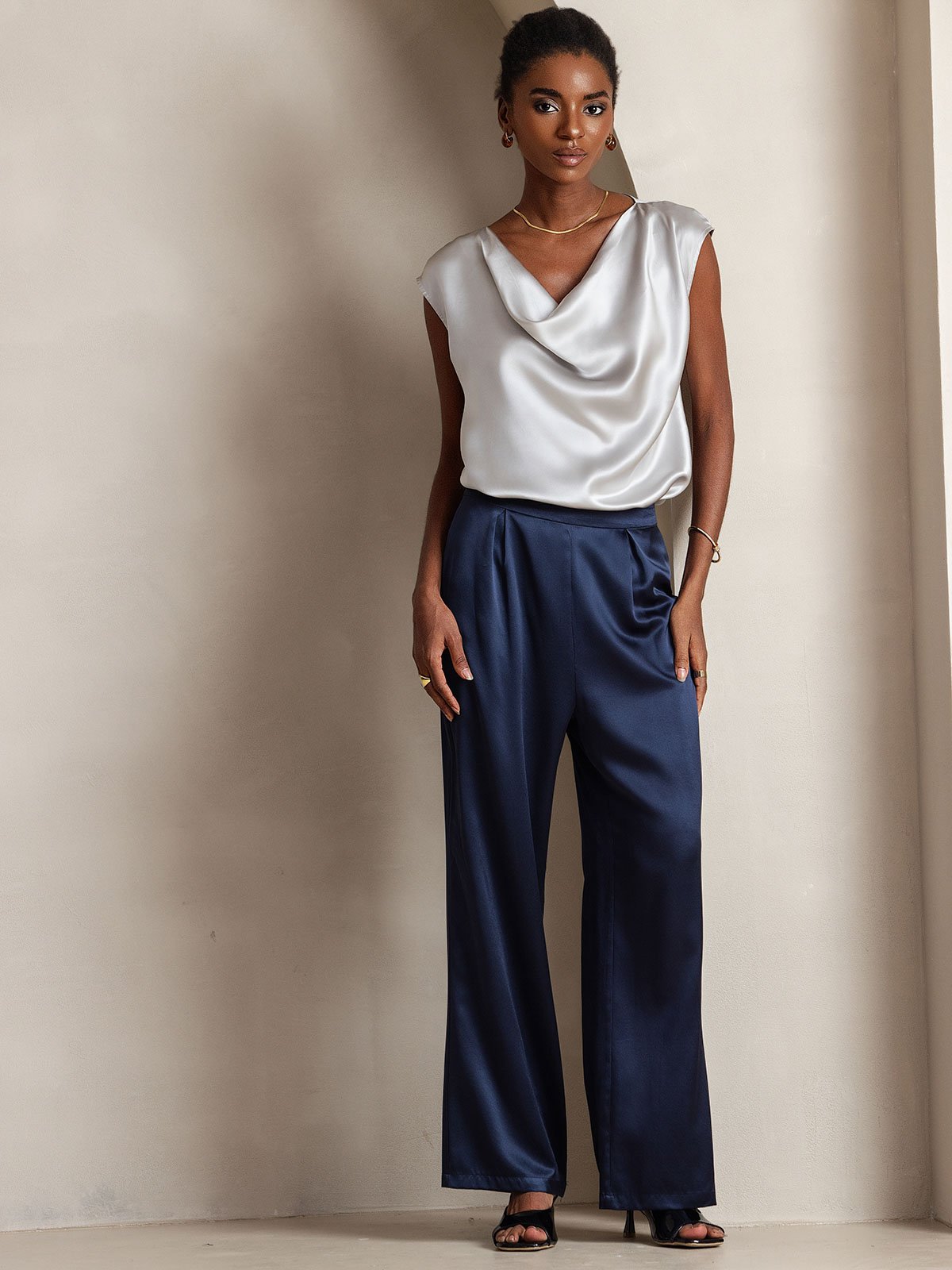 [أزرق غامق] SilkSilky-SA 19Momme الحرير Womens Pants 004