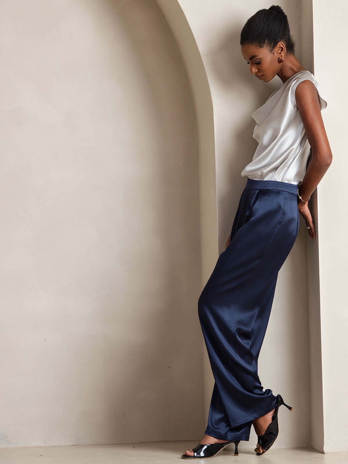 [أزرق غامق] SilkSilky-SA 19Momme الحرير Womens Pants 007