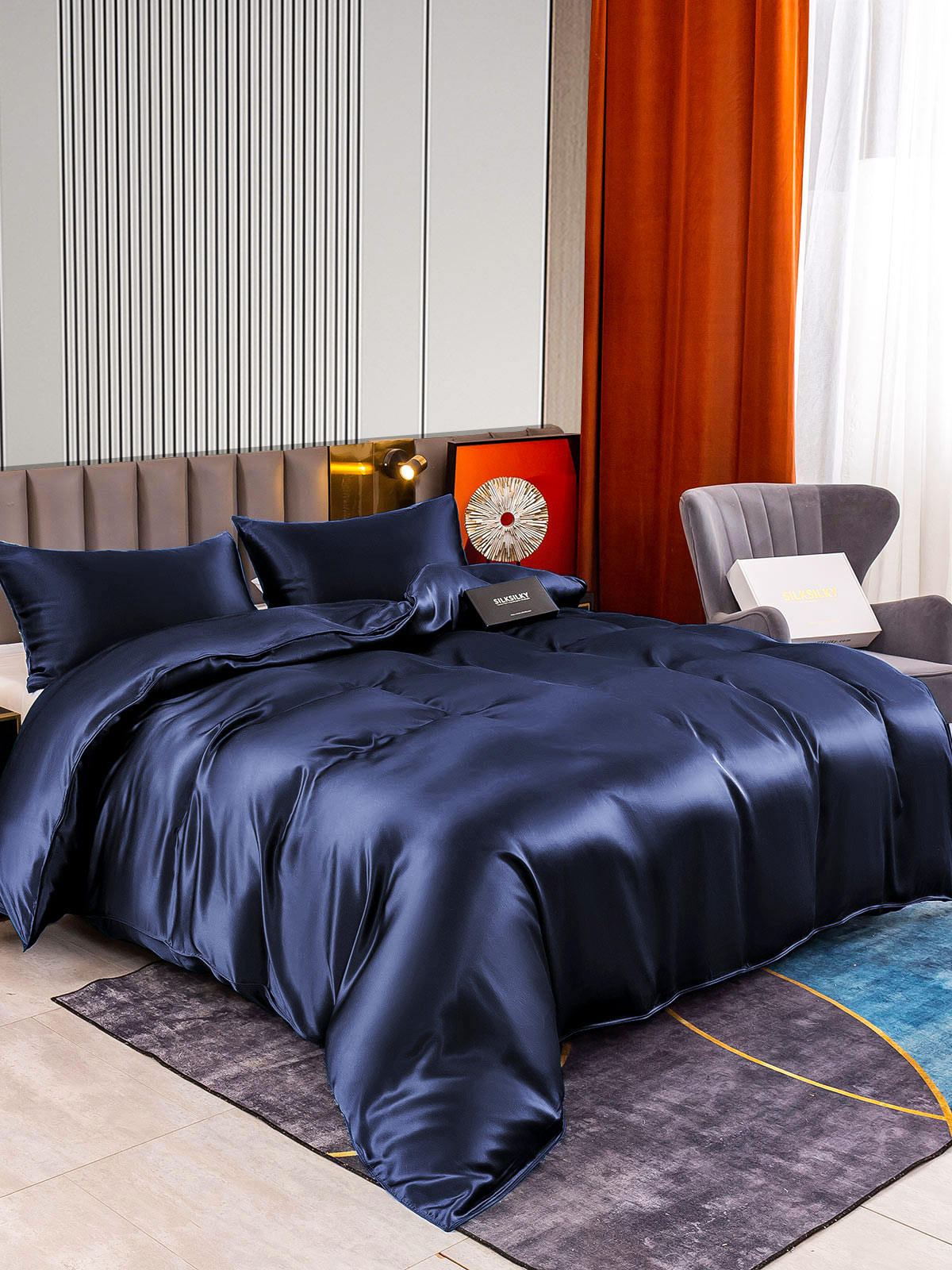 [أزرق غامق] SilkSilky-SA 22Momme الحرير الخالص Bedding Set 002