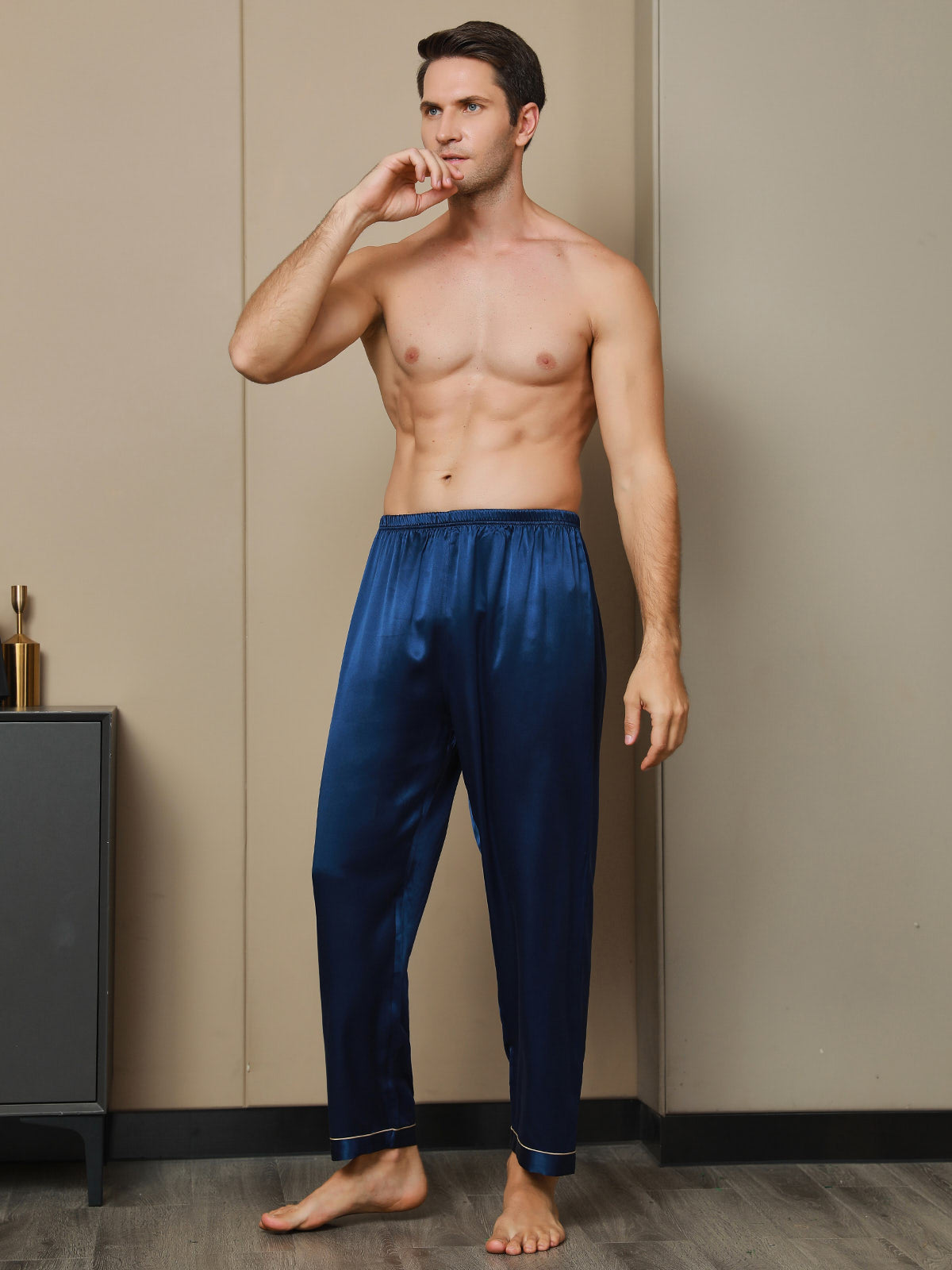 [أزرق غامق] SilkSilky-SA الحرير الخالص Mens Sleep Bottoms 004
