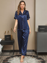 [أزرق غامق] SilkSilky-SA Short Sleeve Lapel Collar طقم بيجامة نسائي 001
