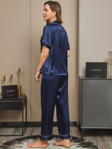 [أزرق غامق] SilkSilky-SA Short Sleeve Lapel Collar طقم بيجامة نسائي 002