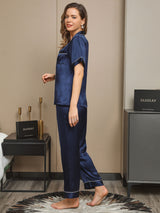 [أزرق غامق] SilkSilky-SA Short Sleeve Lapel Collar طقم بيجامة نسائي 005