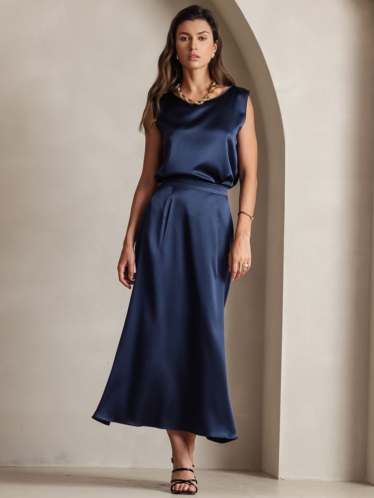 [أزرق غامق] SilkSilky-SA 19Momme الحرير Skirt 005