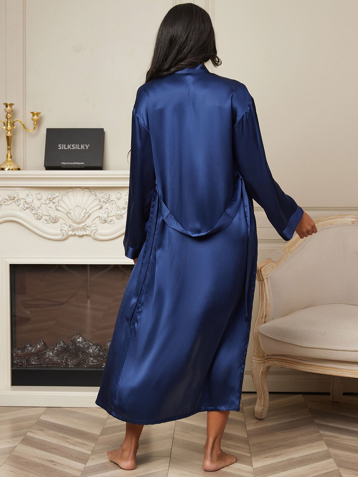 [أزرق غامق] SilkSilky-SA الحرير الخالص الأكمام الطويلة Womens Robe 002