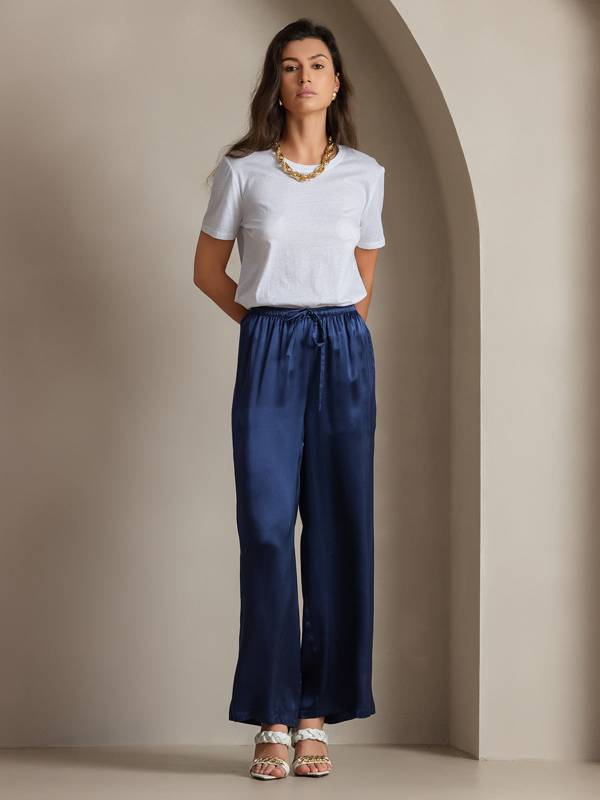 [أزرق غامق] SilkSilky-SA الحرير الخالص Womens Pants 005