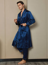 [أزرق غامق] SilkSilky-SA 19Momme الحرير الخالص الأكمام الطويلة Mens Robe 005