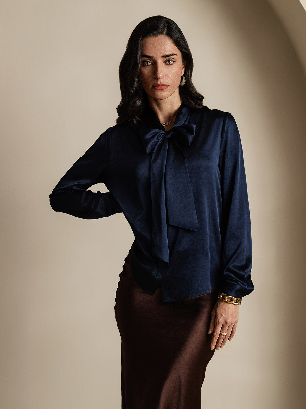 [أزرق غامق] SilkSilky-SA 19Momme الحرير الأكمام الطويلة Blouse 003