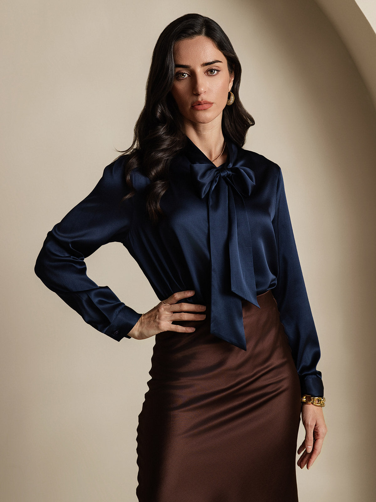 [أزرق غامق] SilkSilky-SA 19Momme الحرير الأكمام الطويلة Blouse 004