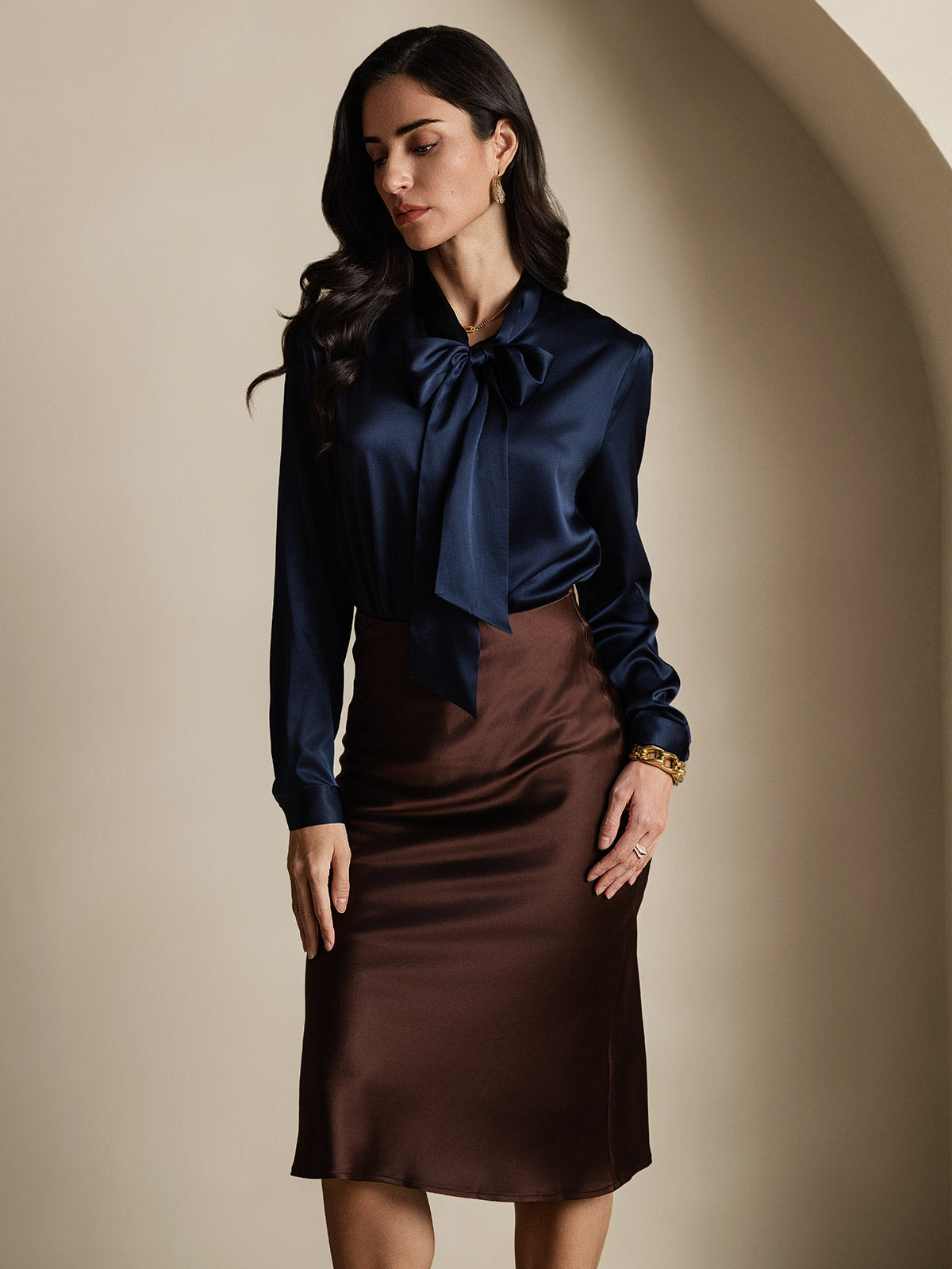 [أزرق غامق] SilkSilky-SA 19Momme الحرير الأكمام الطويلة Blouse 005