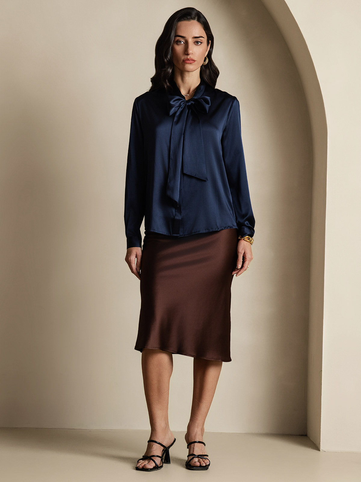 [أزرق غامق] SilkSilky-SA 19Momme الحرير الأكمام الطويلة Blouse 006