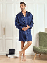 [Dark Blue] SilkSilky Pure Silk 3/4 Sleeve Mens Robe 004