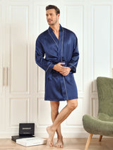 [Dark Blue] SilkSilky Pure Silk 3/4 Sleeve Mens Robe 005