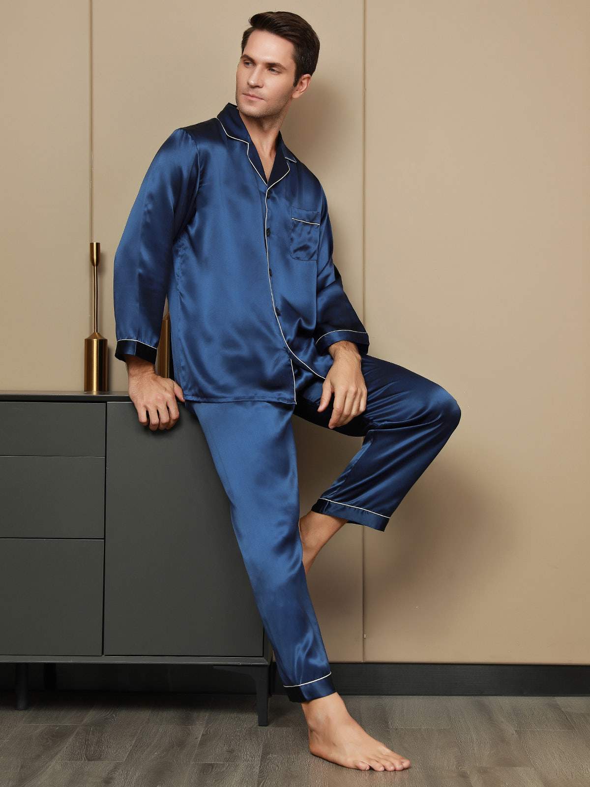 [أزرق غامق] SilkSilky-SA Long Sleeve Lapel Collar بيجامة رجالية 001