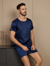 [أزرق غامق] SilkSilky-SA Short Sleeve Round Neck بيجامة رجالية 004