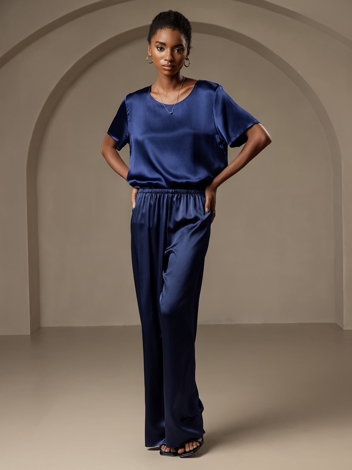 [أزرق غامق] SilkSilky-SA Pure Silk Womens Pants 003