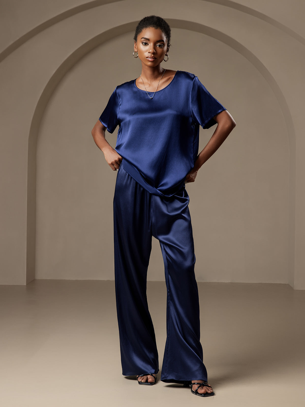 [أزرق غامق] SilkSilky-SA Pure Silk Womens Pants 004