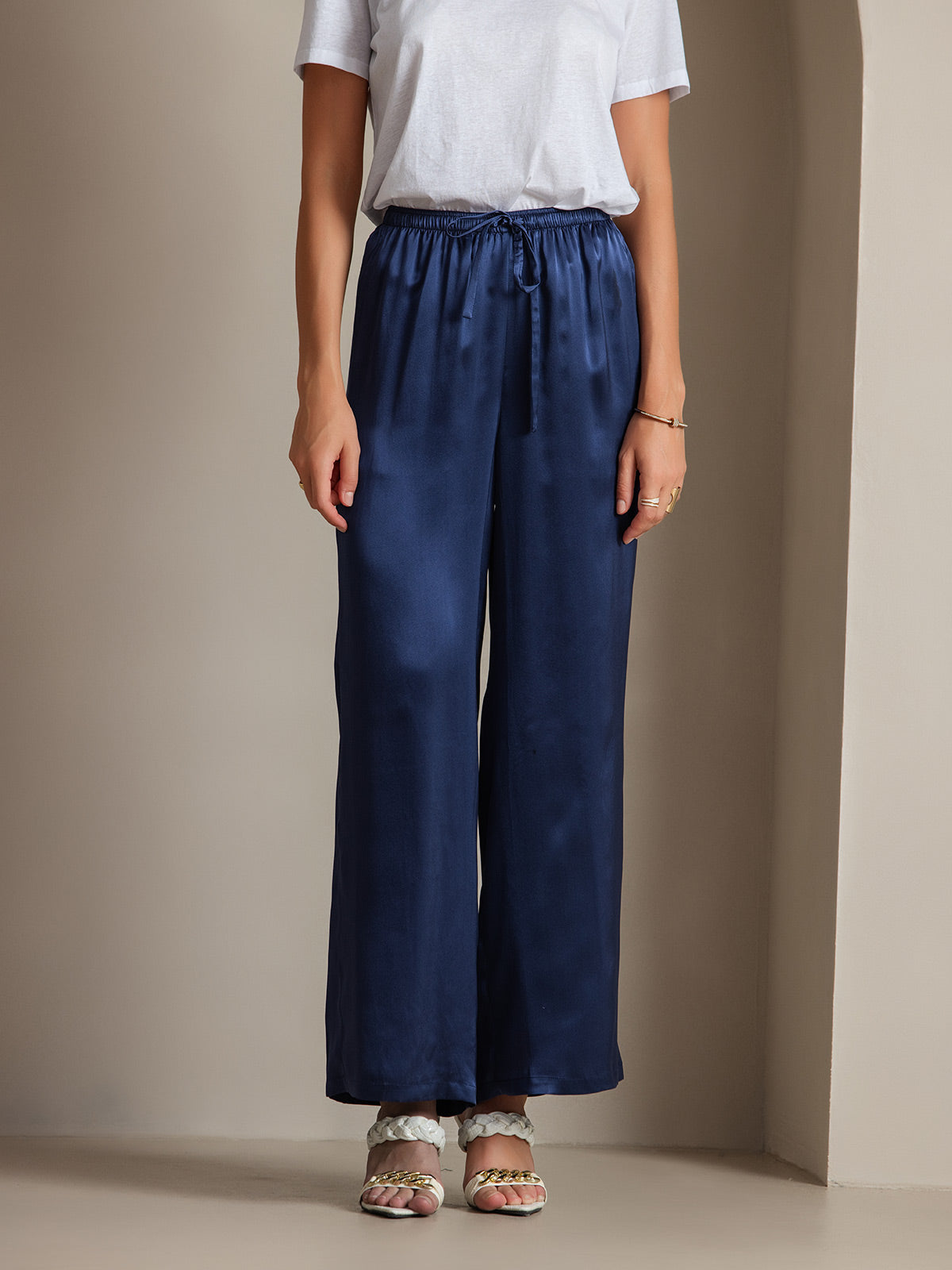 [أزرق غامق] SilkSilky-SA Pure Silk Womens Pants 001