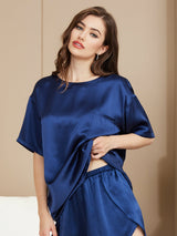 [أزرق غامق] SilkSilky-SA Short Sleeve Round Neck طقم بيجامة نسائي 003
