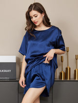 [أزرق غامق] SilkSilky-SA Short Sleeve Round Neck طقم بيجامة نسائي 005