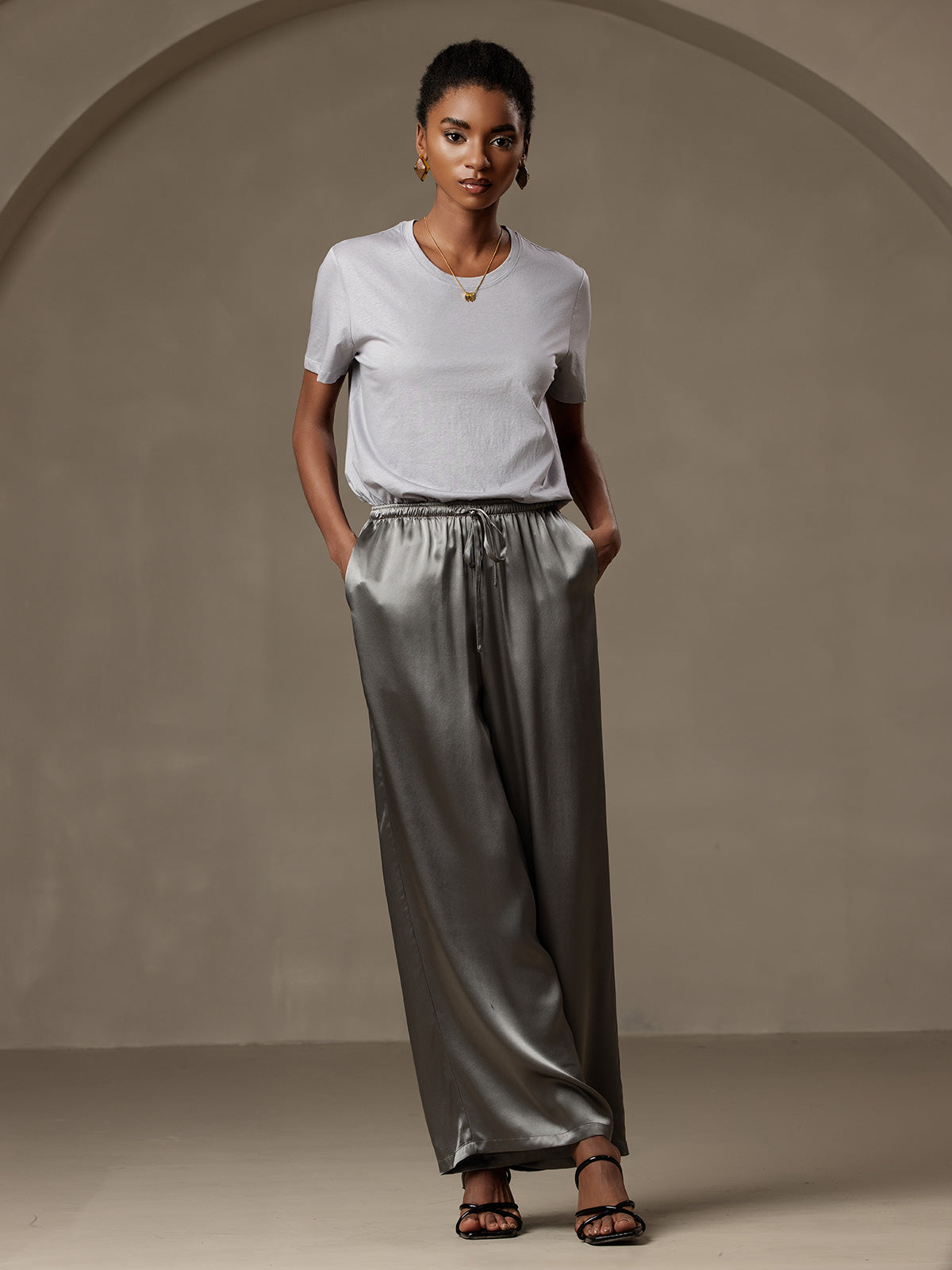 [الرمادي الداكن] SilkSilky-SA Pure Silk Womens Pants 006