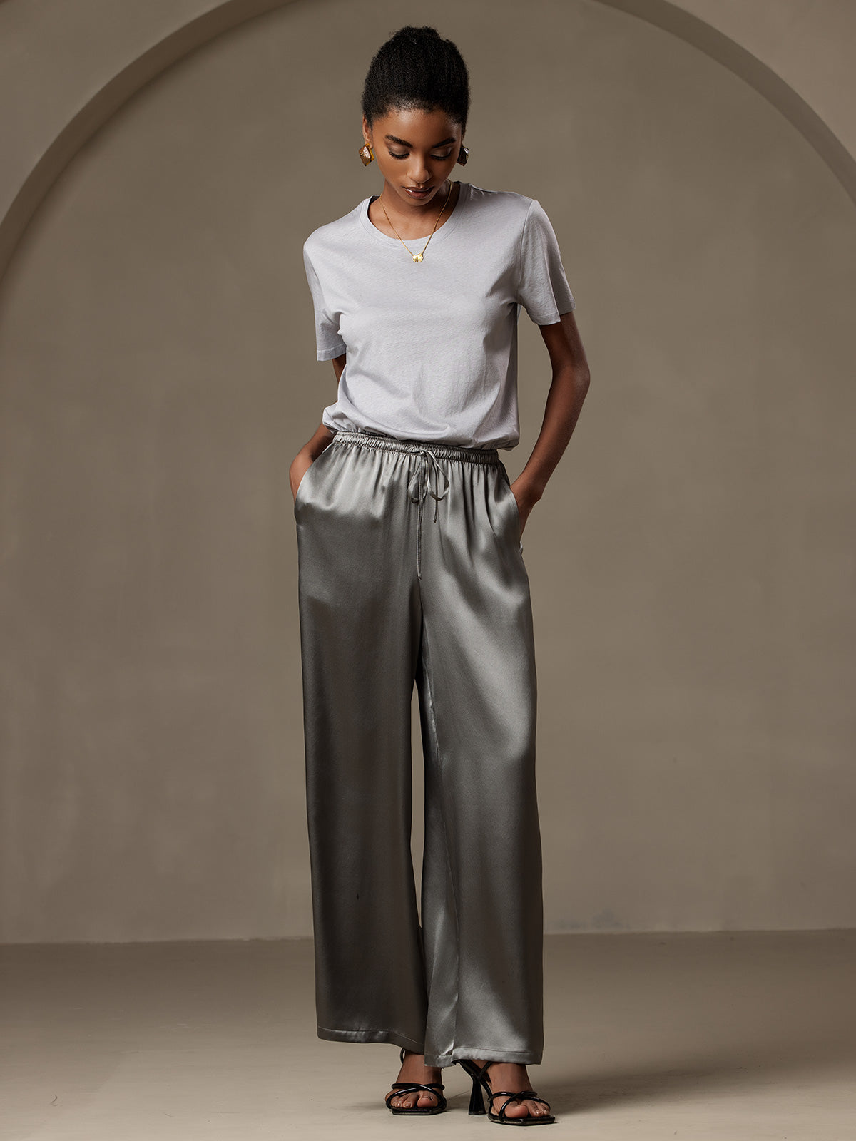 [الرمادي الداكن] SilkSilky-SA Pure Silk Womens Pants 008
