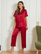 [احمر غامق] SilkSilky-SA Short Sleeve Lapel Collar طقم بيجامة نسائي 002