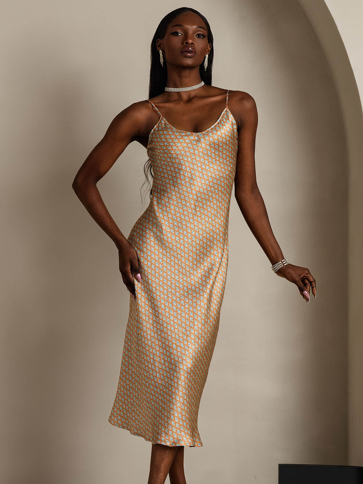 [أنماط زهرية] SilkSilky-SA Sleeveless V Neck فساتين نسائية 001