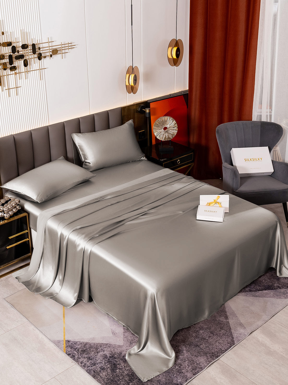 [رمادي] SilkSilky-SA 19Momme الحرير الخالص Bedding Set 002