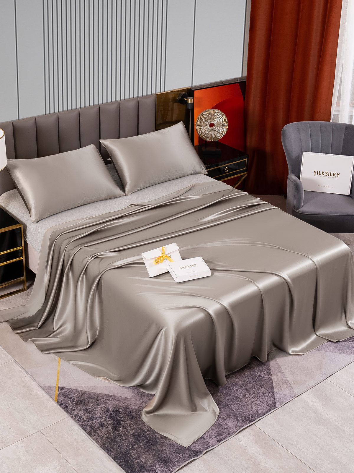 [رمادي] SilkSilky-SA 22Momme الحرير الخالص Bedding Set 002
