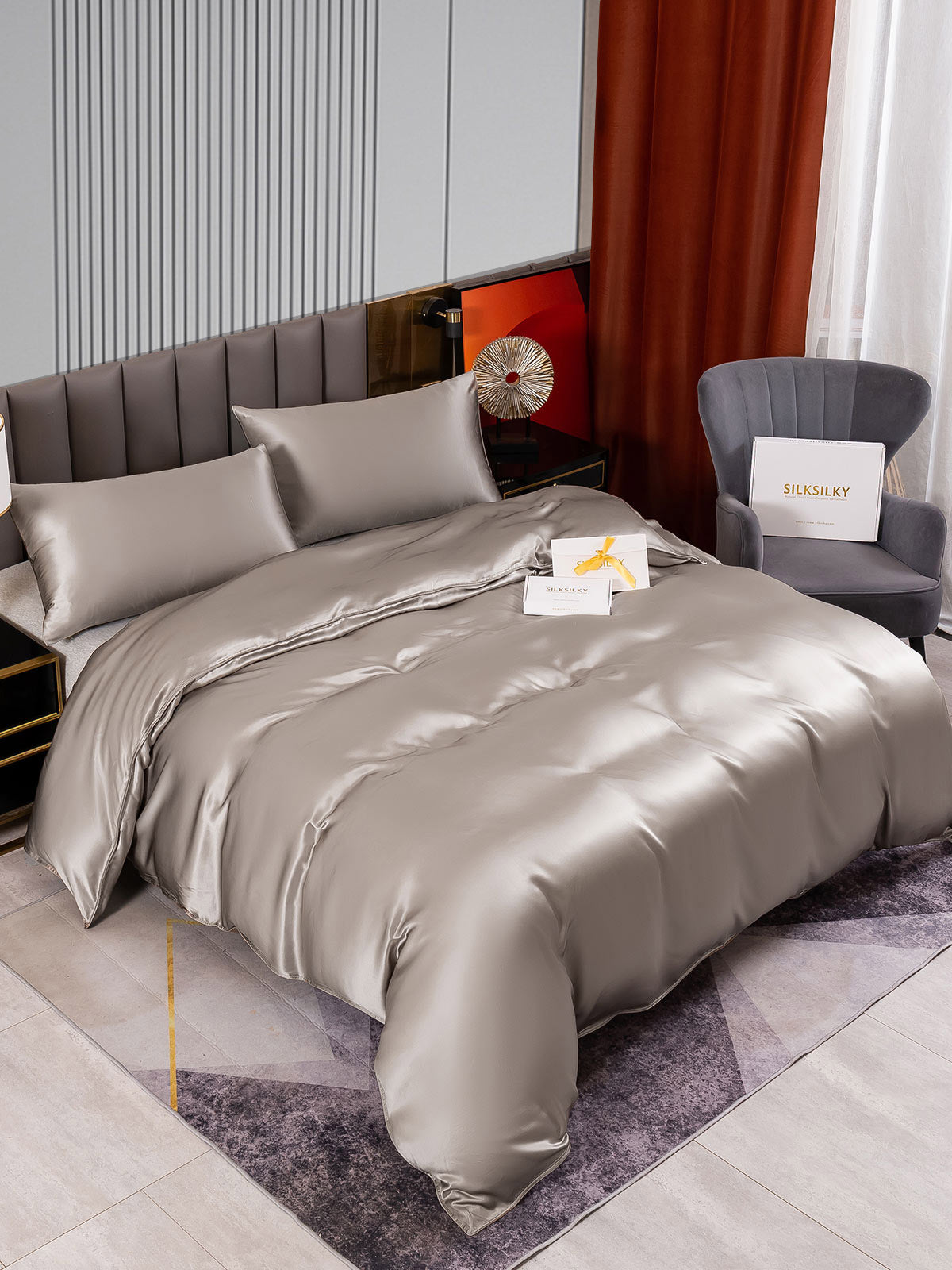 [رمادي] SilkSilky-SA 22Momme الحرير الخالص Bedding Set 002